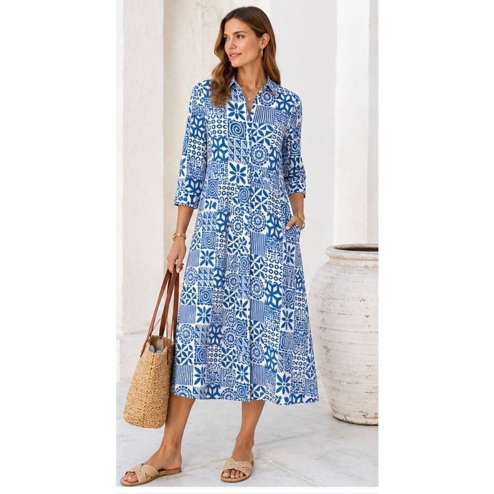 Julia Amory Blue White Geometric Block Print Cotton Midi Dress S